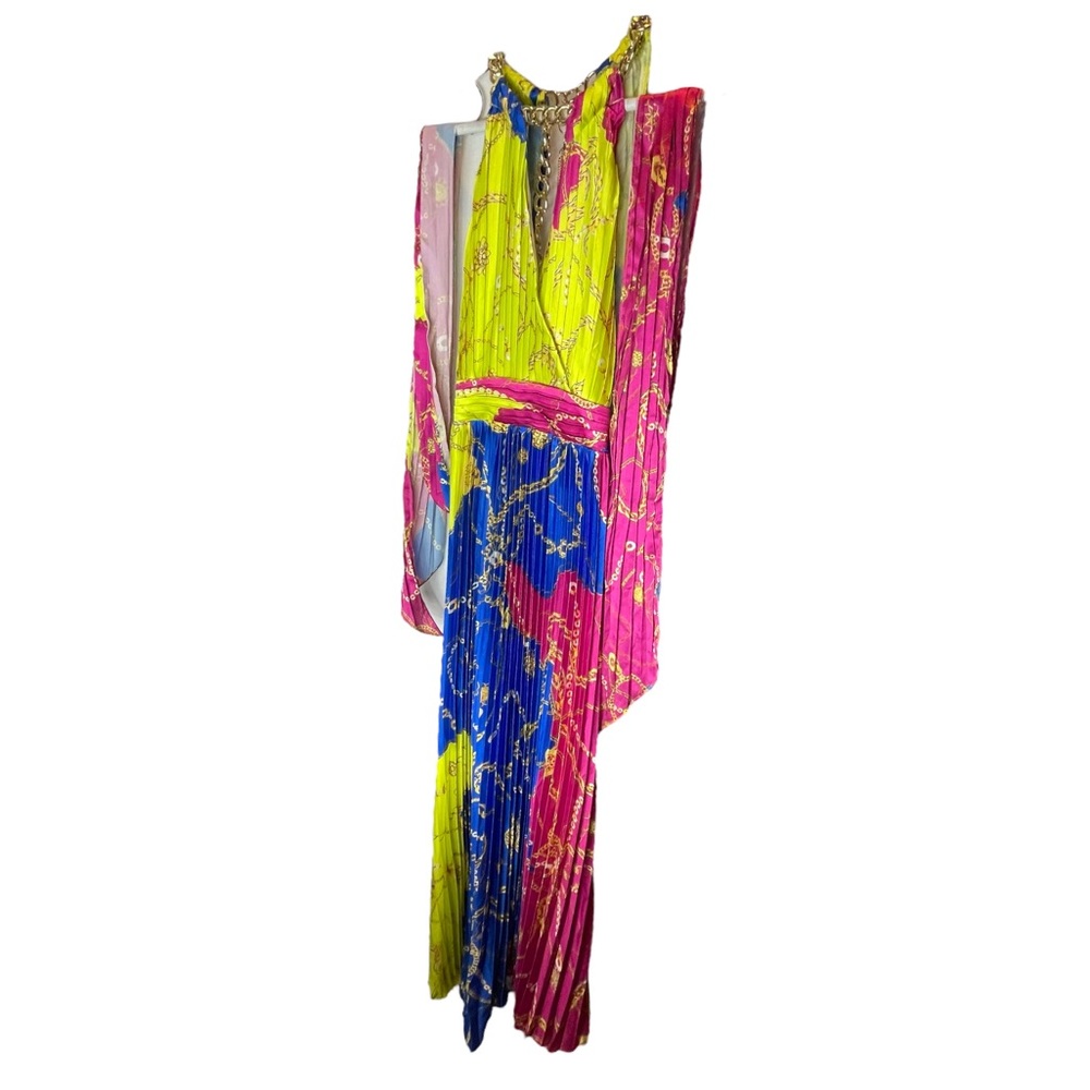 L’Atiste Gold Chain Colorful Pleated Maxi Dress